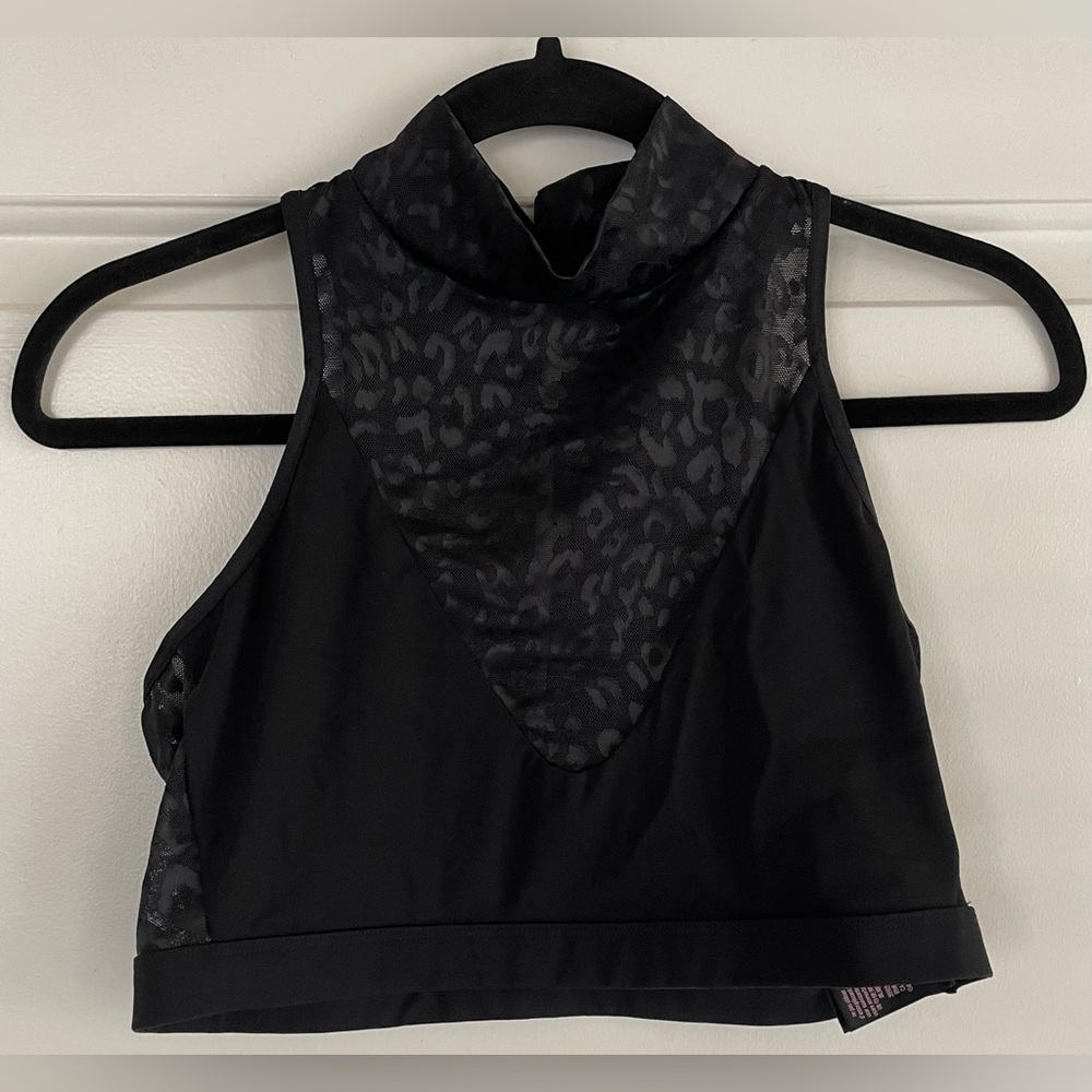 Victoria's Secret Mock Neck Crop Top in Black with Sheer and Animal Print